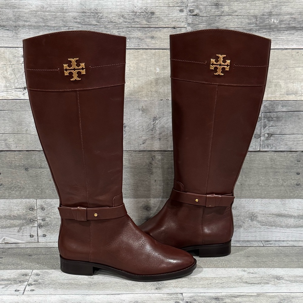 TORY BURCH EVERLY LEATHER RIDING BOOTS BOOT IN DARK ALMOND SIZE - 7